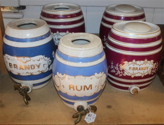 Five Victorian pottery spirit barrels, late 19th century, largest 28cm., some damage